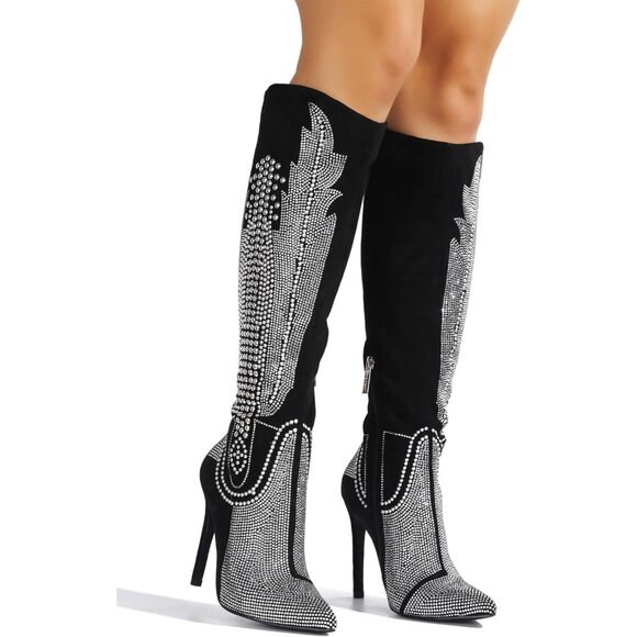 ⚡Women's Black Western Cowgirl Boots Knee High With Stiletto Heels Fashion - Picture 6 of 7